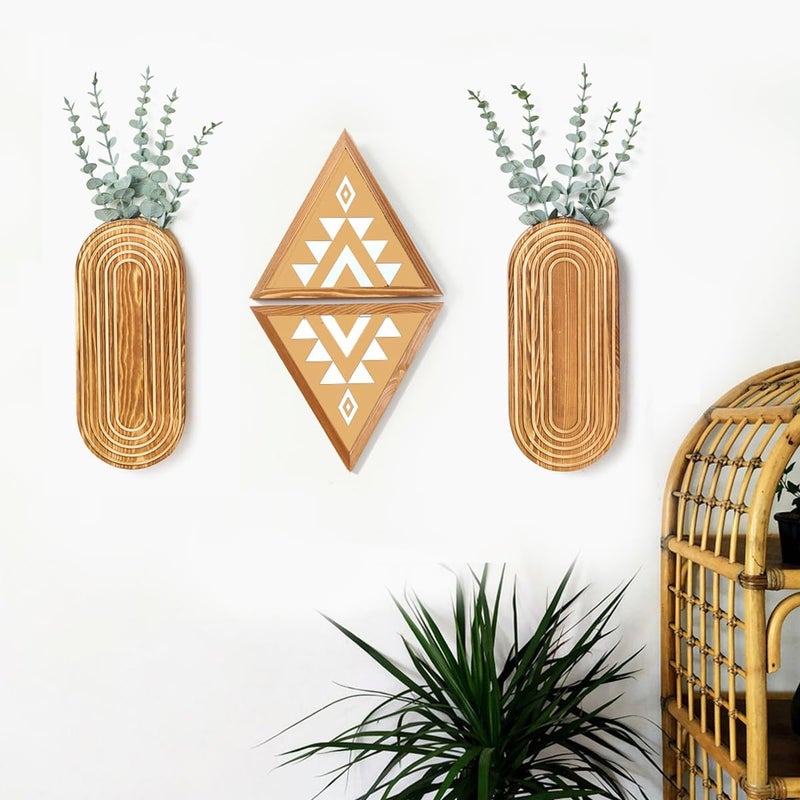 Mokof 2 Pack Carved Wood Wall Planters with Fake Eucalyptus Stems for Wall Decor - Boho Wooden Wall Art for Living Room, Bedroom, Bathroom (Brown) - Image 4